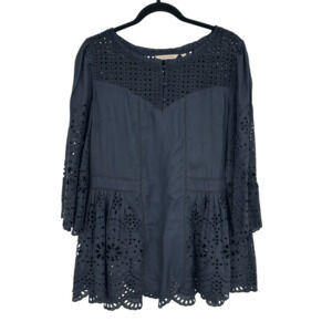 Soft Surroundings Womens S Alejandra Peplum Top Eyelet Bell Sleeves Tunic Navy